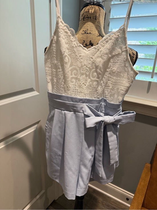 the clothing company Pants - the clothing company White Lace Bodice Light Blue Tie-Waist Romper w/Pockets